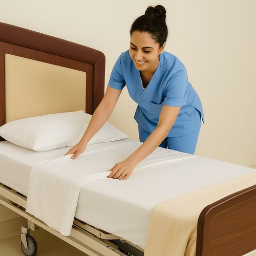 Caregiver preparing a hospital bed